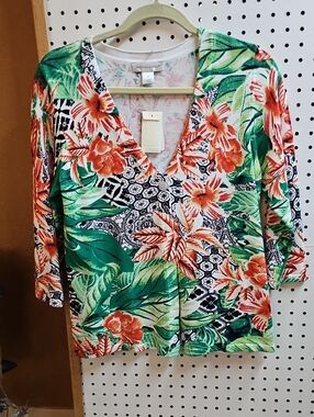 Christopher & Banks Green and Coral Floral 1 Button Cardigan